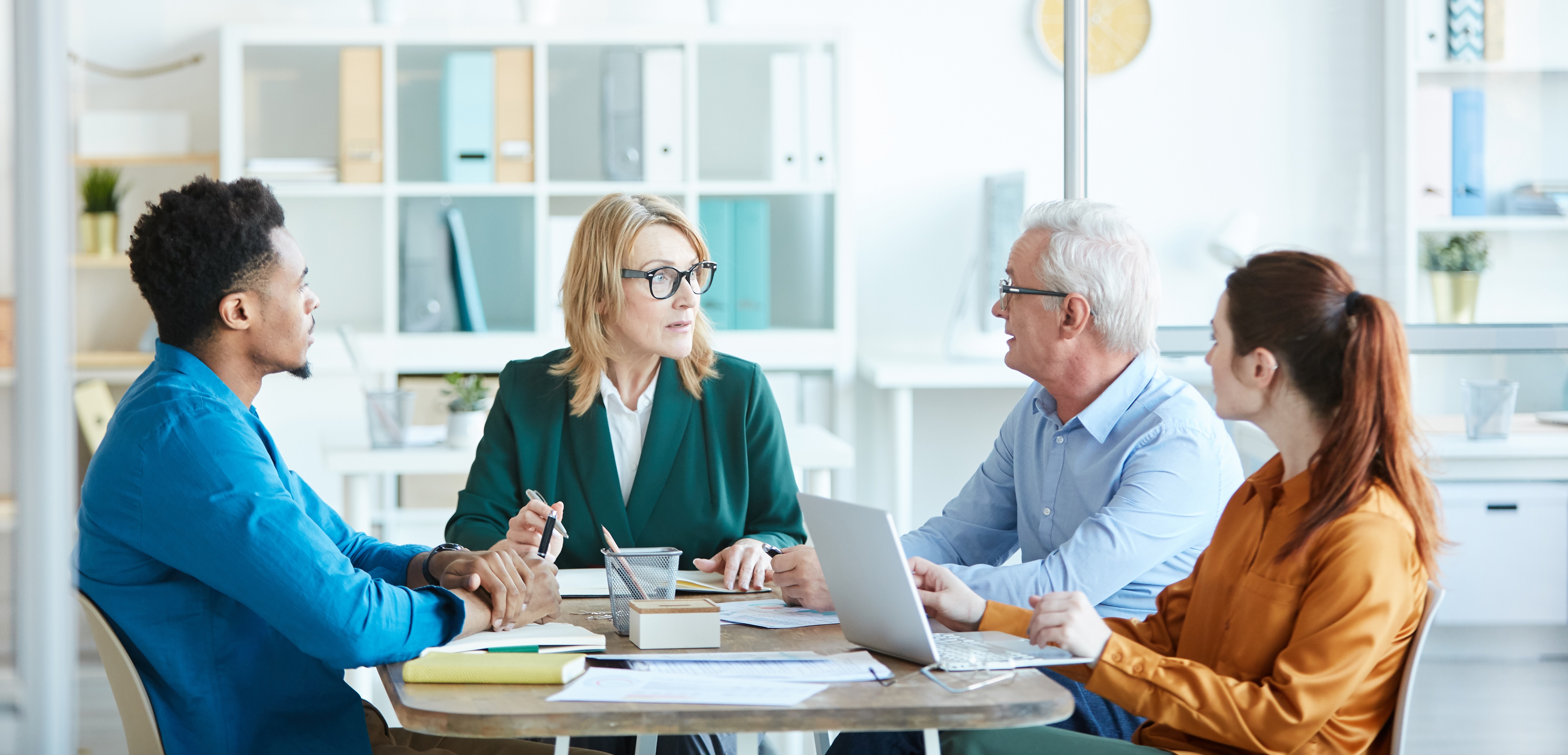 group of business colleagues having a conversation 